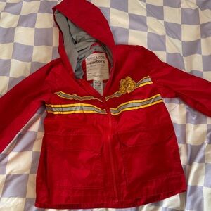Red Hooded Jacket with Yellow Stripes